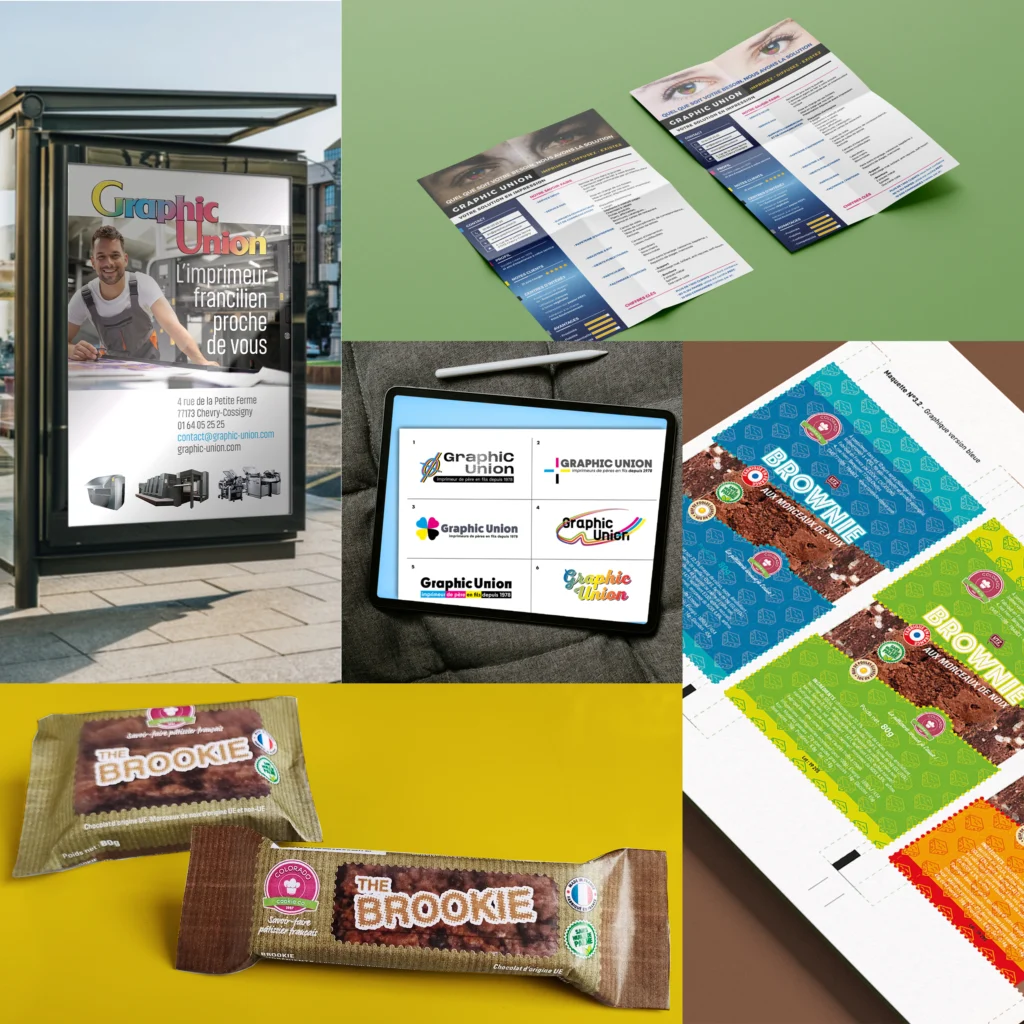 Planche visuelle de différentes réalisations graphiques pour l'imprimeur Grahic Union.