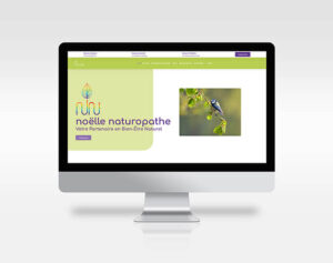 Ordinateur allumé montrant le site de NOÊLLE NATUROPATHE, sur fond blanc.