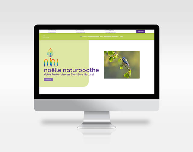 Ordinateur allumé montrant le site de NOÊLLE NATUROPATHE, sur fond blanc.