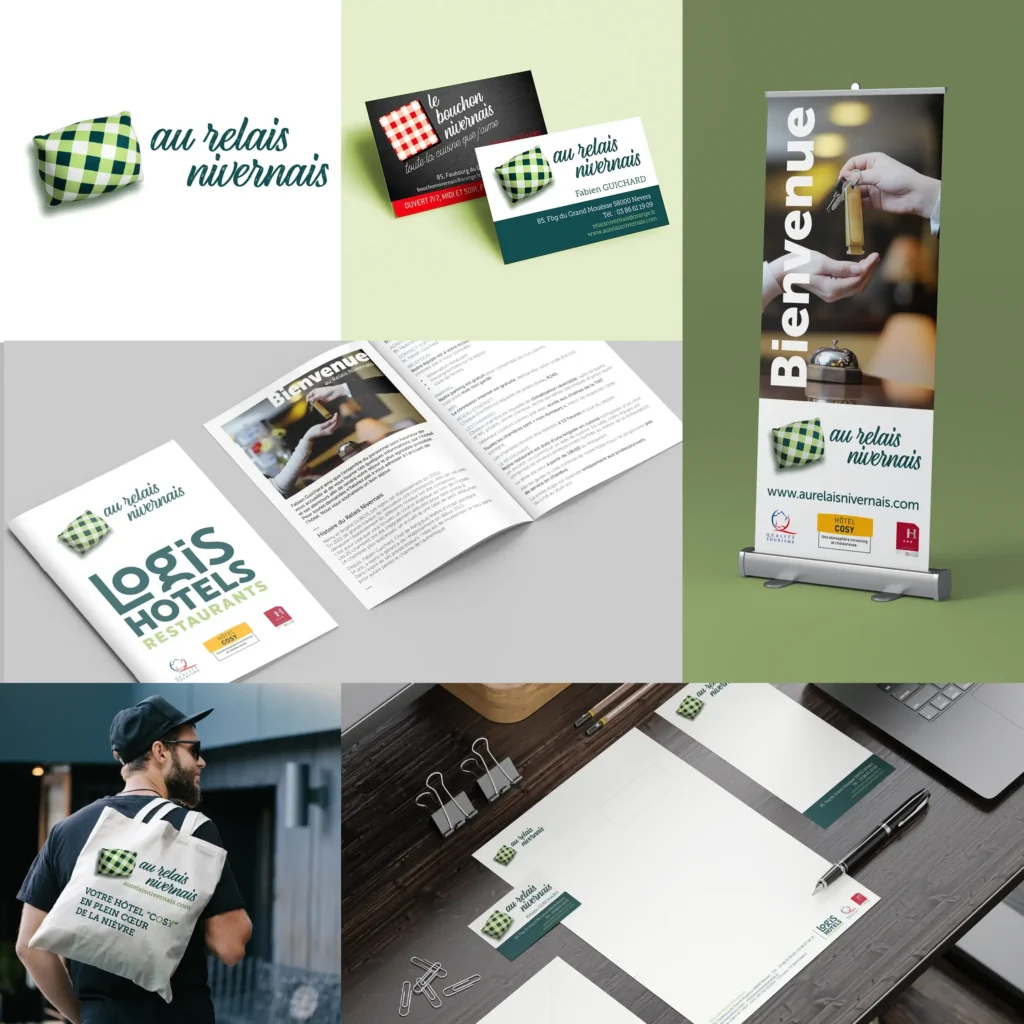 Assemblage de différents mockup, réalisations print pour AU RELAIS NIVERNAIS
